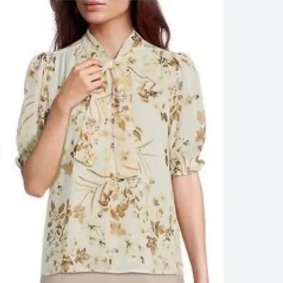 💐 Calvin Klein Tie-neck Blouse Sz XL in Cream/Pink Floral Motif - Picture 11 of 11